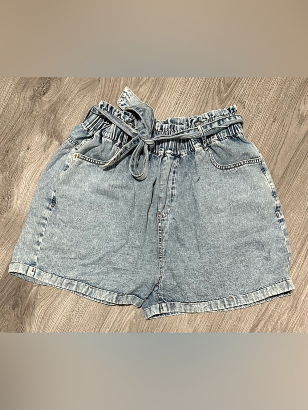 Simply Southern Large High-Waist Paperbag Denim Shorts in Light Blue